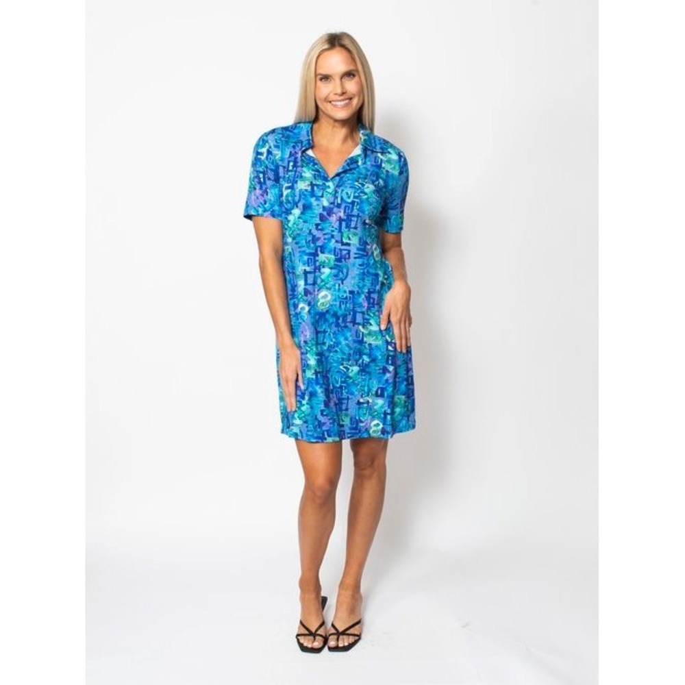 Sno Skins Mini Dress Sz L Blue Abstract Print Collared Y2K Art Mom Coastal